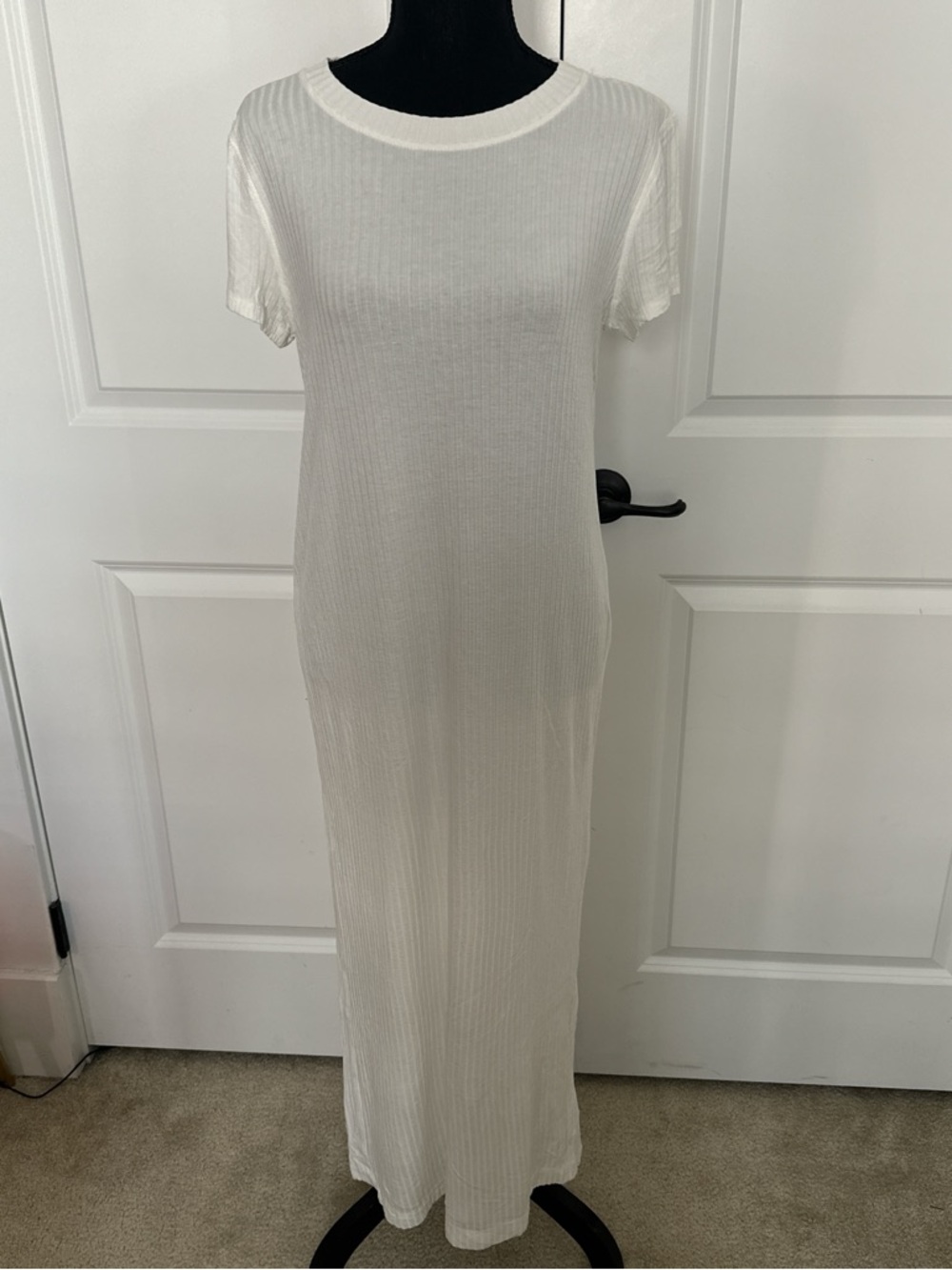 Free People White Ribbed Short Sleeve Maxi Dress